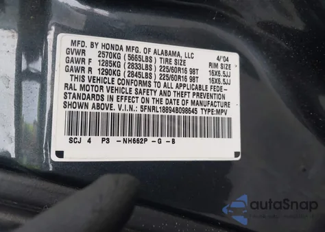 2004 Honda Odyssey Ex z USA, uszkodzony, nr VIN 5FNRL18894B098645